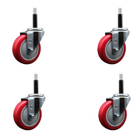 Service Caster 4'' Red Poly Wheel Swivel 3/4'' Expanding Stem Caster Set, 4PK SCC-EX20S414-PPUB-RED-34-4